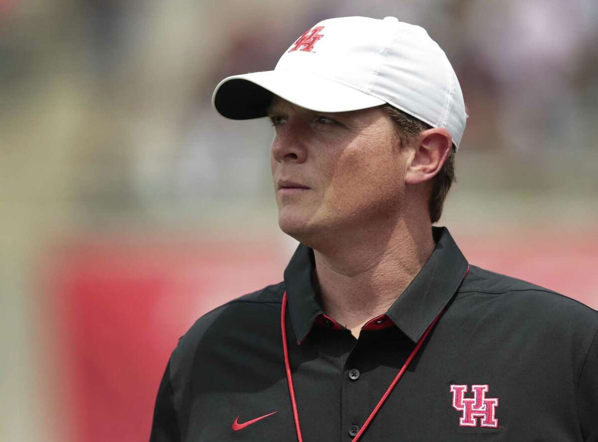 Houston Cougars coach Major Applewhite watches his team play during the Red-White spring game at TDECU Stadium on April 15, 2017, in Houston.