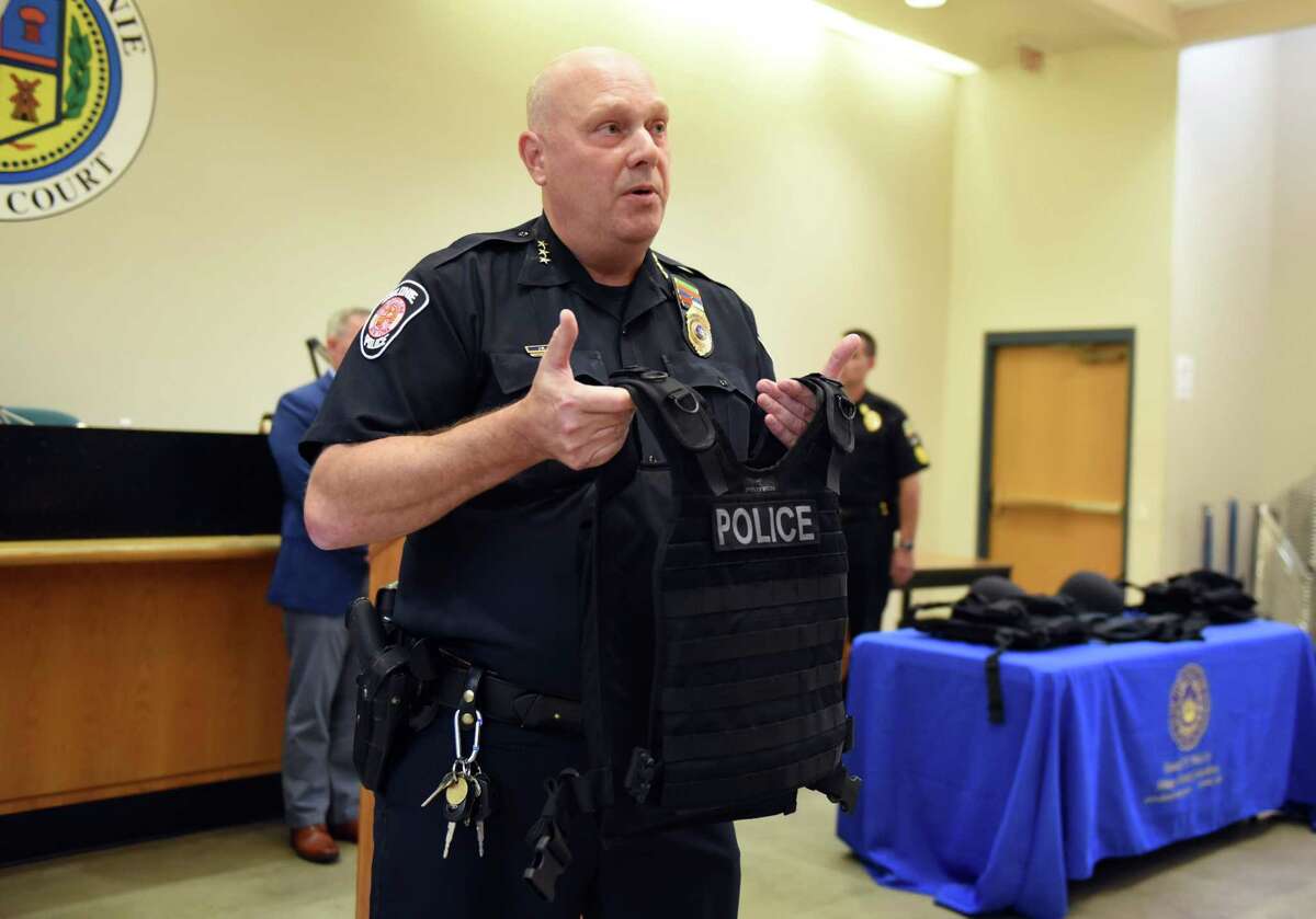Colonie Police Chief John Jonathan Teale displays a heavy-duty protective vest which was purchased with grant money received from Albany County through the New York State Division of Criminal Justice Services on Wednesday, Aug. 9, 2017, at the Colonie Public Safety Center in Colonie, N.Y. (Will Waldron/Times Union)Ê