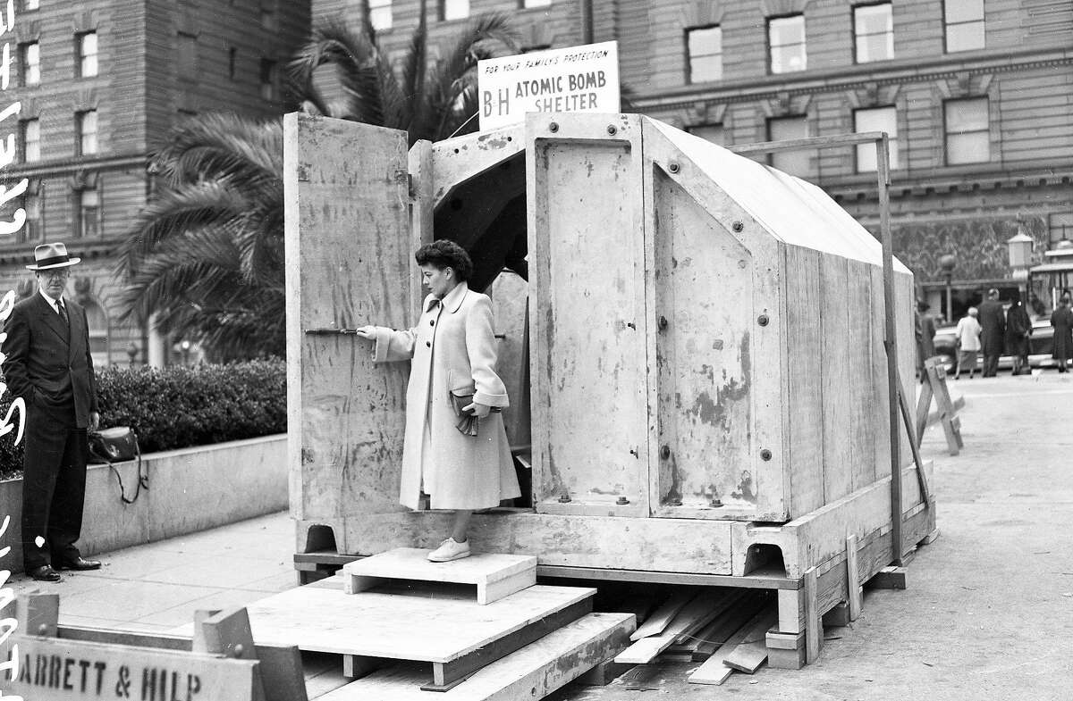 April 2, 1951: An atomic bomb shelter is on display in Union Square in San Francisco.