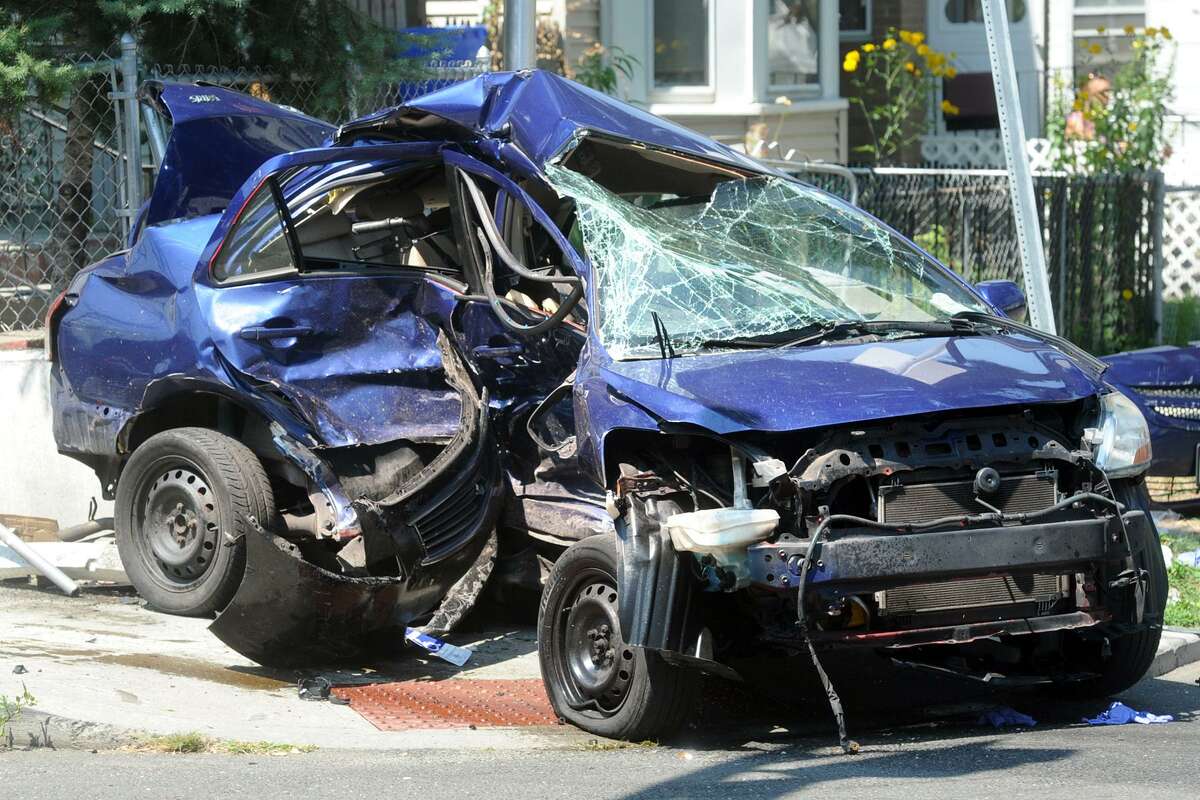 The wreckage of a Toyota that was struck by another vehicle in Bridgeport on Thursday.