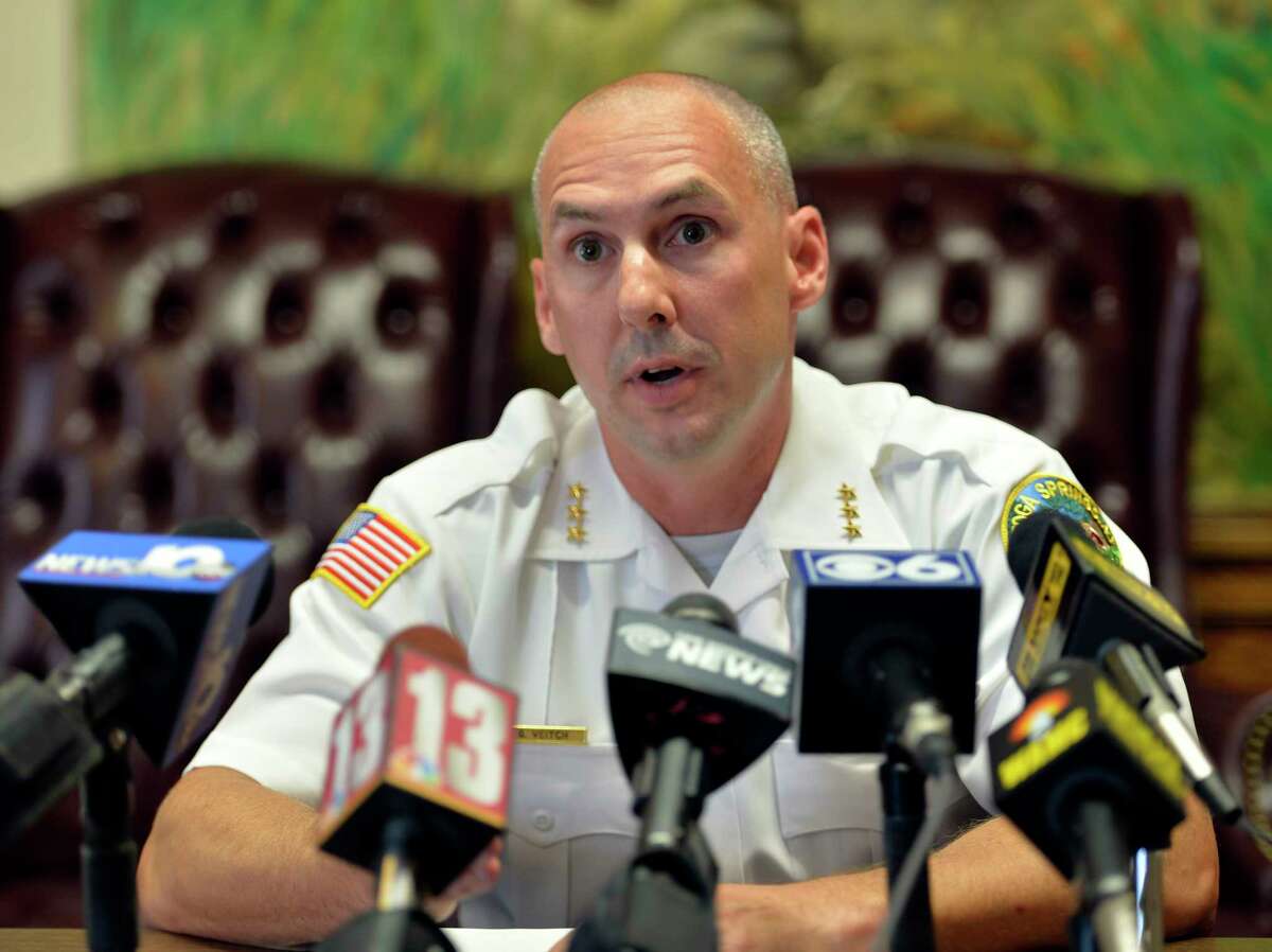 Saratoga Police Chief Greg Veitch takes question after reading a statement in the Rupeka case Thursday morning Aug. 13, 2015 in Saratoga Springs, N.Y. (Skip Dickstein/Times Union)