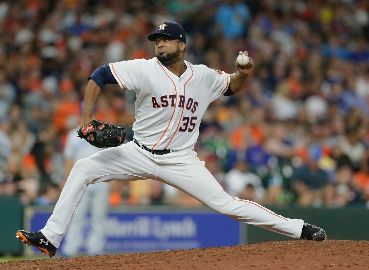 HOUSTON, TX - AUGUST 05: Francisco Liriano #35 of the Houston Astros pitches in the tenth inning against the Toronto Blue Jays at Minute Maid Park on August 5, 2017 in Houston, Texas. (Photo by Bob Levey/Getty Images)
