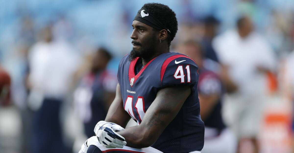 Houston Texans linebacker Zach Cunningham (41) warms up before the first half of an NFL preseason football game between the Carolina Panthers and the Houston Texans, Wednesday, Aug. 9, 2017, in Charlotte, N.C. (AP Photo/Jason E. Miczek)