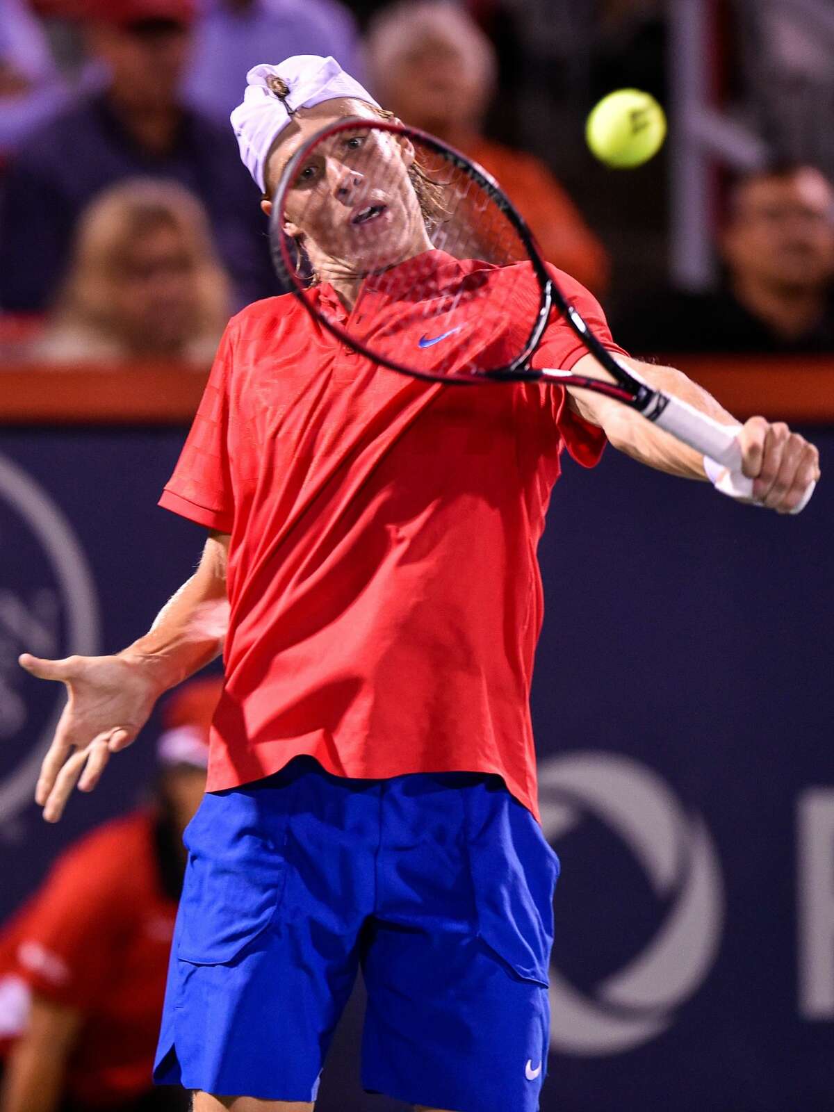 MONTREAL, QC - AUGUST 10: Denis Shapovalov of Canada hits a return shot against Rafael Nadal of Spain during day seven of the Rogers Cup presented by National Bank at Uniprix Stadium on August 10, 2017 in Montreal, Quebec, Canada. Denis Shapovalov of Canada defeated Rafael Nadal of Spain 6-3, 4-6, 6-7. (Photo by Minas Panagiotakis/Getty Images)