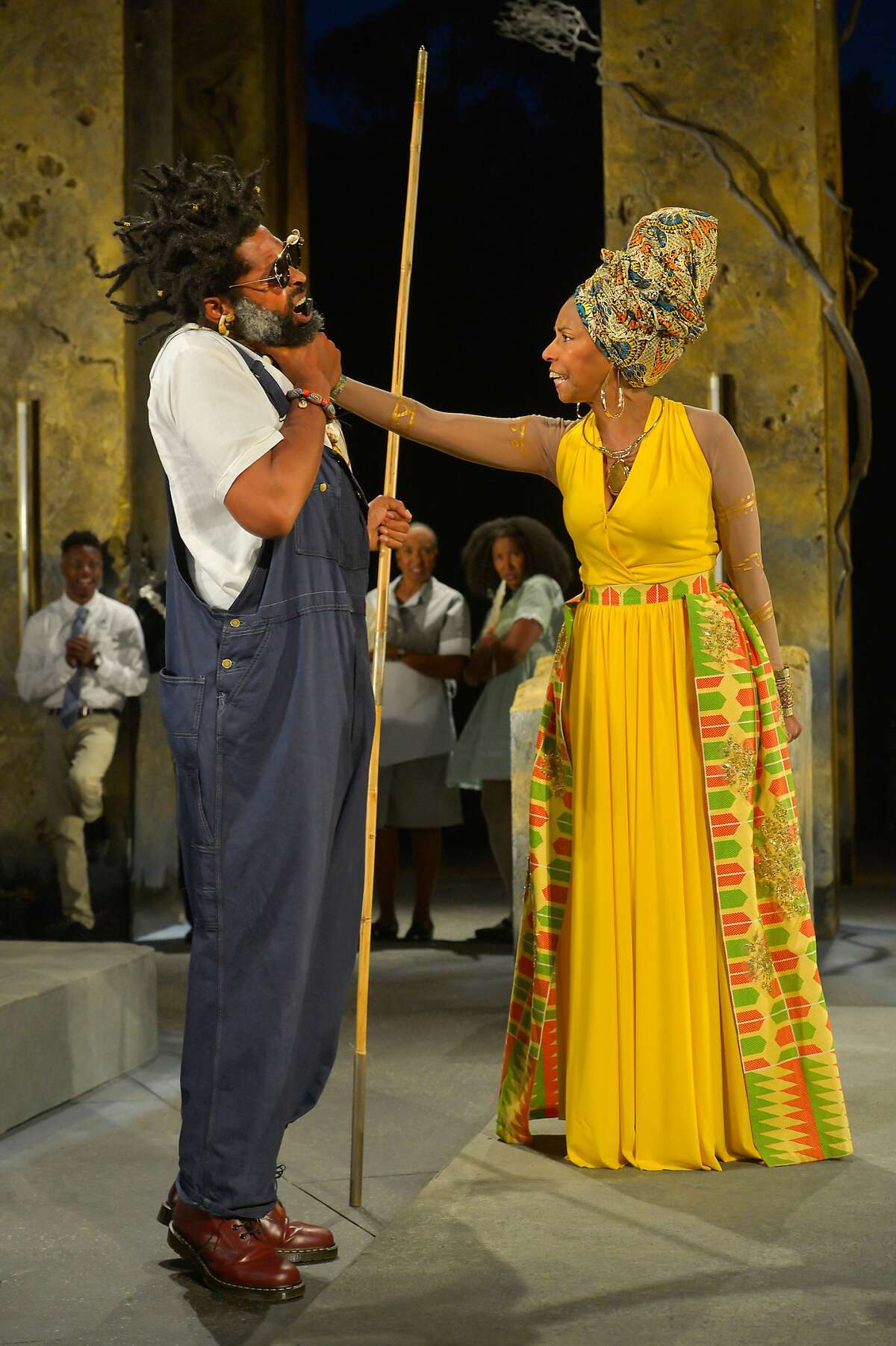 Foreground from left: Aldo Billingslea as Great Grand Paw Sidin and Margo Hall as Great Aunt Tina; rear: Michael Curry, Dawn L. Troupe and Safiya Fredericks in California Shakespeare Theater's "black odyssey."