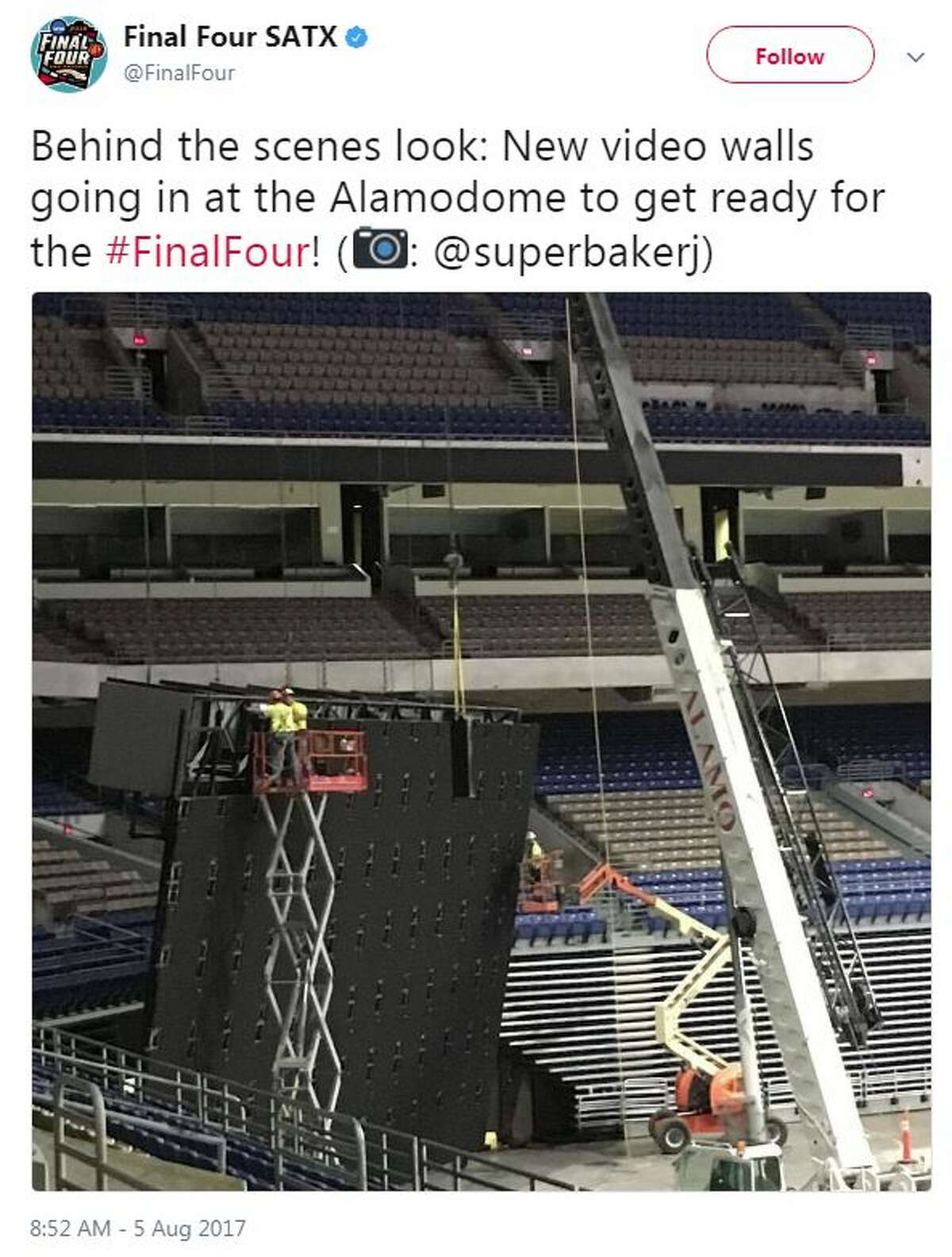 "Behind the scenes look: New video walls going in at the Alamodome to get ready for the #FinalFour! (@superbakerj)," @FinalFour.