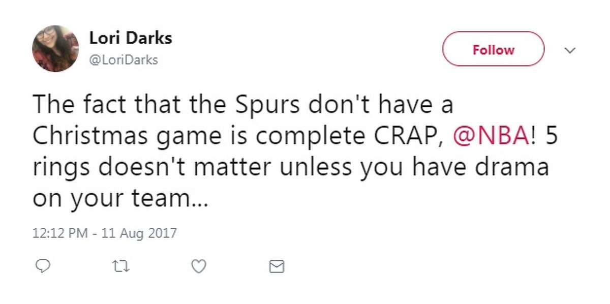 @LoriDarks: "The fact that the Spurs don't have a Christmas game is complete CRAP, @NBA! 5 rings doesn't matter unless you have drama on your team..."