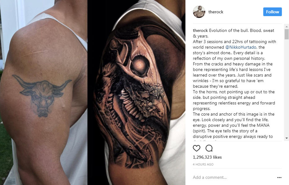 Dwayne 'The Rock' Johnson shows off his new, huge bull tattoo