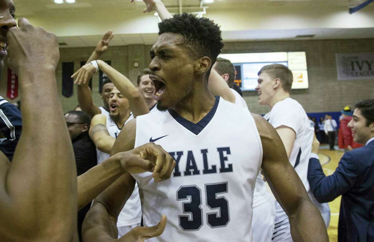 FILE - In this March 5, 2016, file photo, Yale forward Brandon Sherrod (35) celebrates the win at the end of the second half of an NCAA Ivy League Conference basketball game against Columbia, in New York. The last hold out for postseason conference tournaments has finally given in. The Ivy League is adding men's and women's basketball tournaments next season that will determine the conference's automatic berths for the NCAA Tournament. (AP Photo/Bryan R. Smith, File)