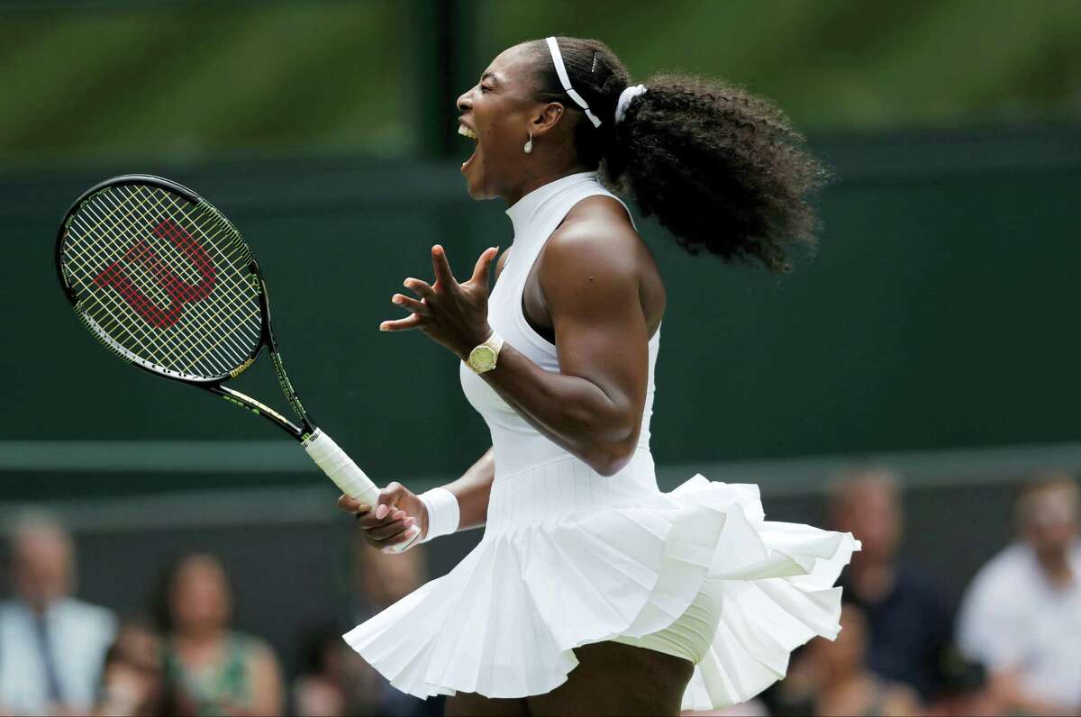 Serena Williams celebrates a point against Amara Safikovic during their women’s singles match at Wimbledon in 2016.