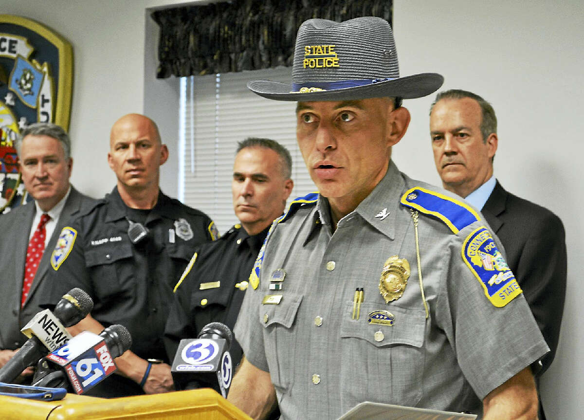 Connecticut State Police Col. Alaric Fox speaks during a press conference Tuesday at Middletown Police Department headquarters about the opioid abuse epidemic in Connecticut. Behind him, from left, are State’s Attorney Peter McShane, Middletown Police Officer Anthony Knapp, Police Chief William McKenna and Drug Enforcement Agency Assistant Special Agent in Charge Brian Boyle.