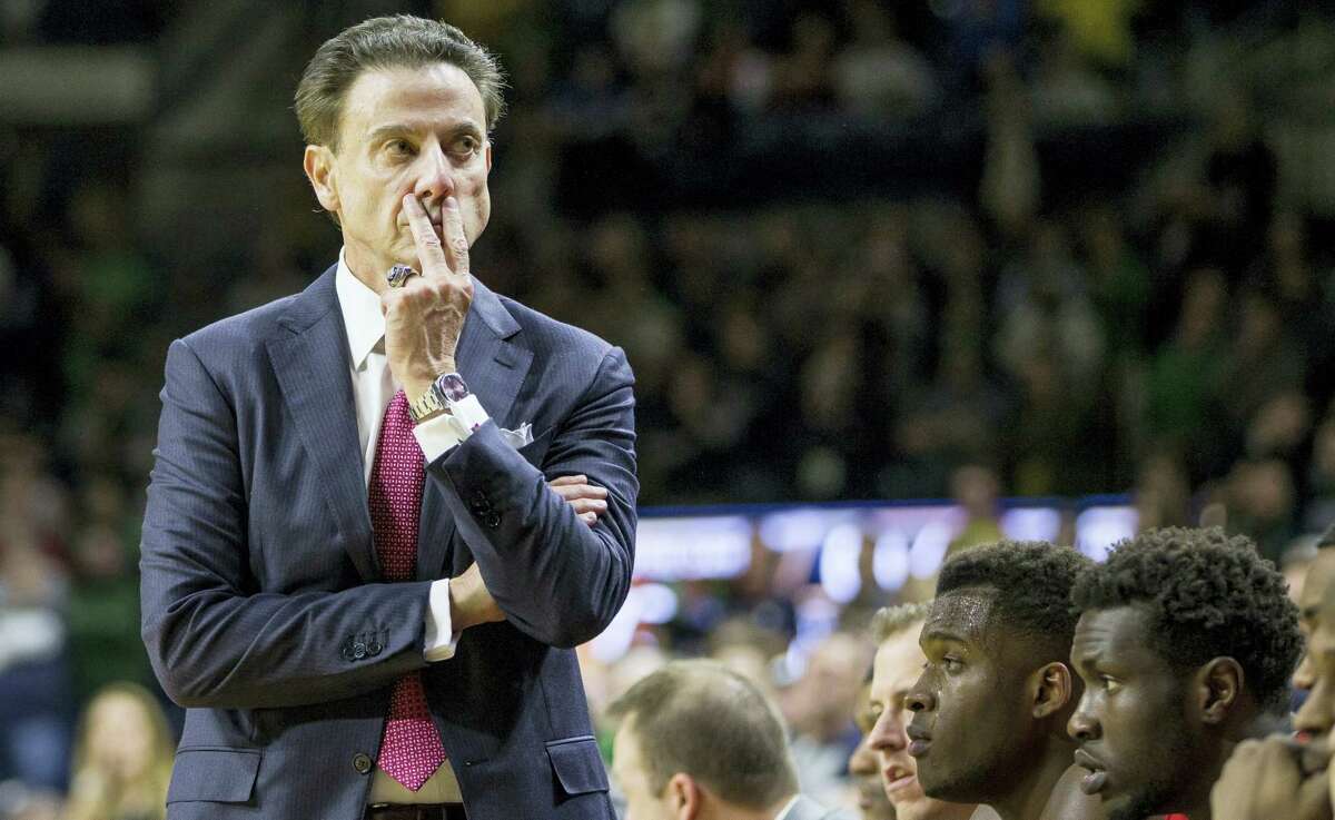 In this Jan. 4, 2017 photo, Louisville head coach Rick Pitino looks on as his team falls behind late in the second half of an NCAA college basketball game against Notre Dame in South Bend, Ind. The NCAA suspended Pitino on June 15, 2017 for five ACC games following sex scandal investigation. A former men’s basketball staffer is alleged to have hired strippers to entertain players and recruits.