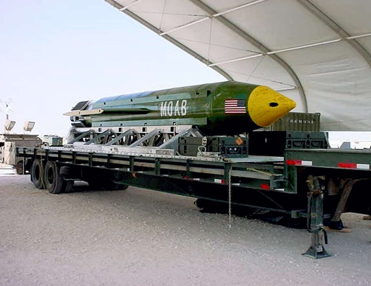 This undated photo provided by Eglin Air Force Base shows a GBU-43B, or massive ordnance air blast weapon, the U.S. military’s largest non-nuclear bomb, which contains 11 tons of explosives. The Pentagon said U.S. forces in Afghanistan dropped a GBU-43B on an Islamic State target in Afghanistan on Thursday, April 13, 2017, in what a Pentagon spokesman said was the first-ever combat use of the bomb. (Eglin Air Force Base via AP)