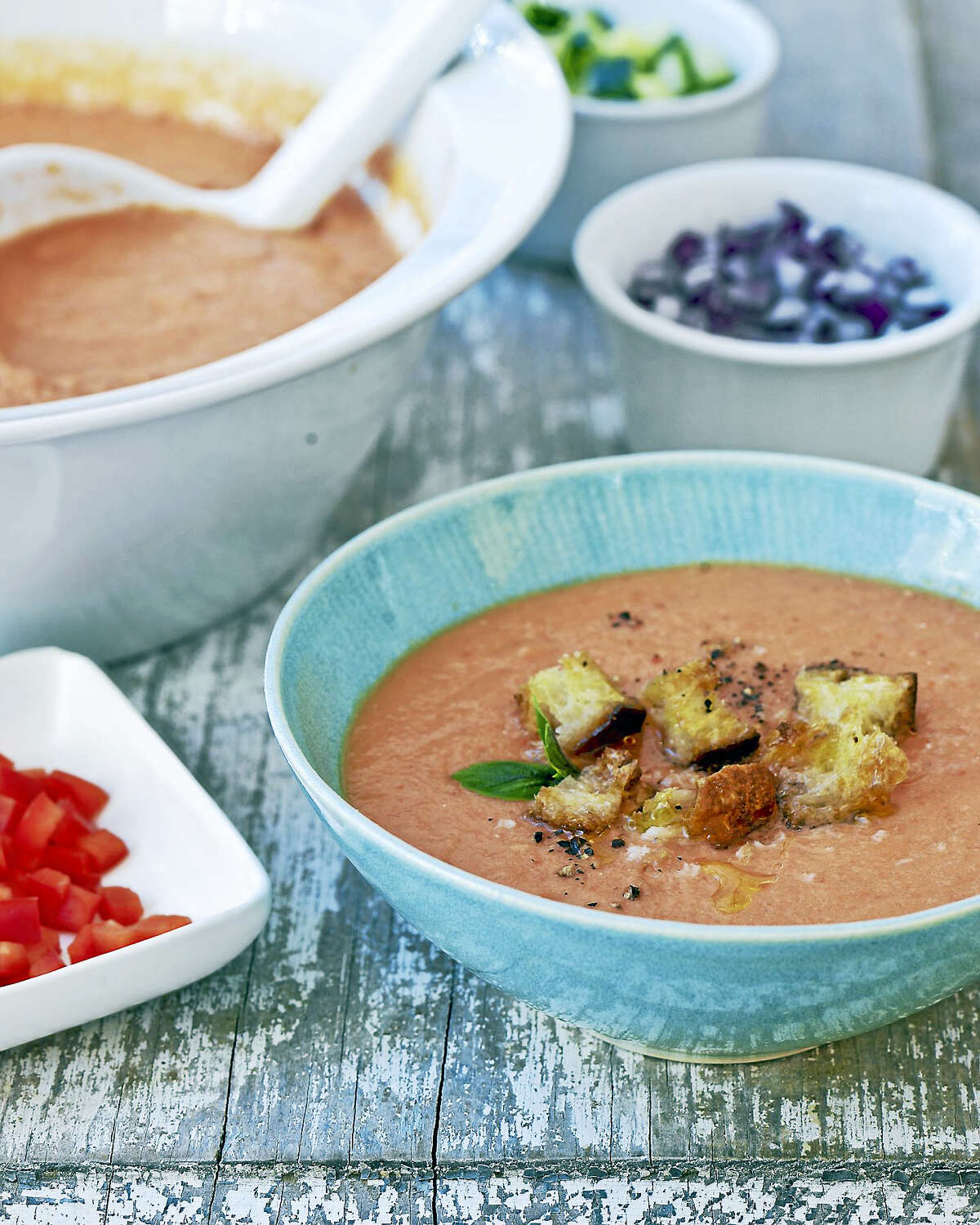 Seaside gazpacho with choose-your-own-toppings.