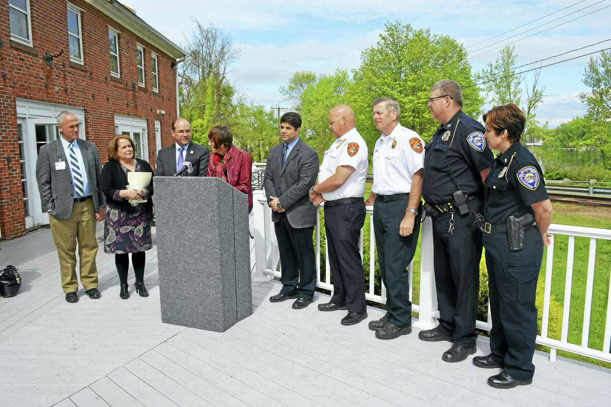 From left, Dr. Jeff Shelton, Navarretta, Allen, DeLauro, Mayor Dan Drew, Fire Chief Robert Kronenberger, Middletown Fire Assistant Chief Jay Woren, Middletown Police Capt. Sean Moriarty and Lt. Heather Desmond took part in the press conference.