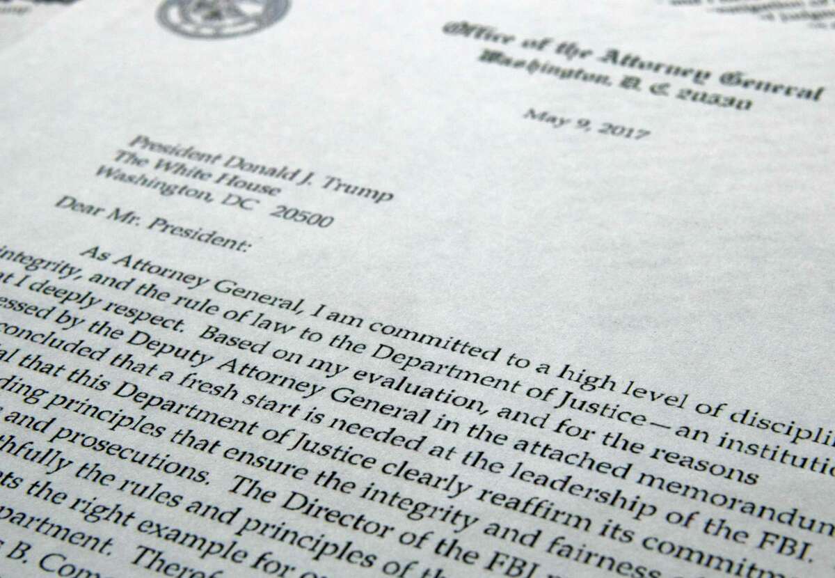 The letter from Attorney General Jeff Sessions to President Donald Trump to FBI Director James Comey is photographed in Washington, Tuesday, May 9, 2017, where Sessions says a “fresh start is needed at the leadership of the FBI.”