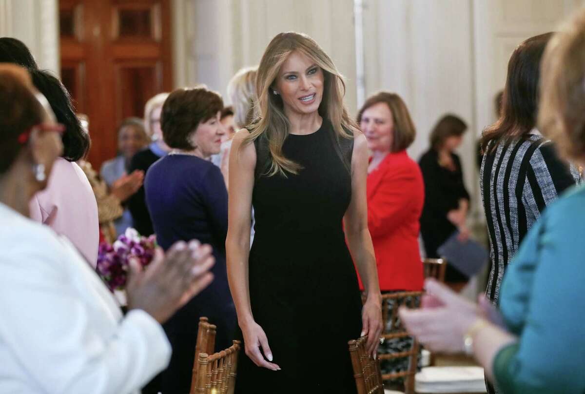 First lady Melania Trump arrives in the State Dining room of the White House in Washington, Wednesday, March 8, 2017, where she hosted a luncheon on International Women’s Day.