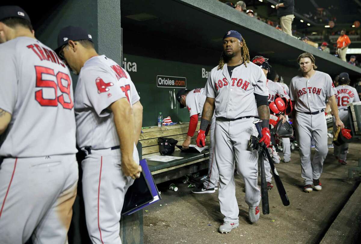 Hanley Ramirez, center, follows teammates out of the dugout after Thursday’s loss to the Orioles.
