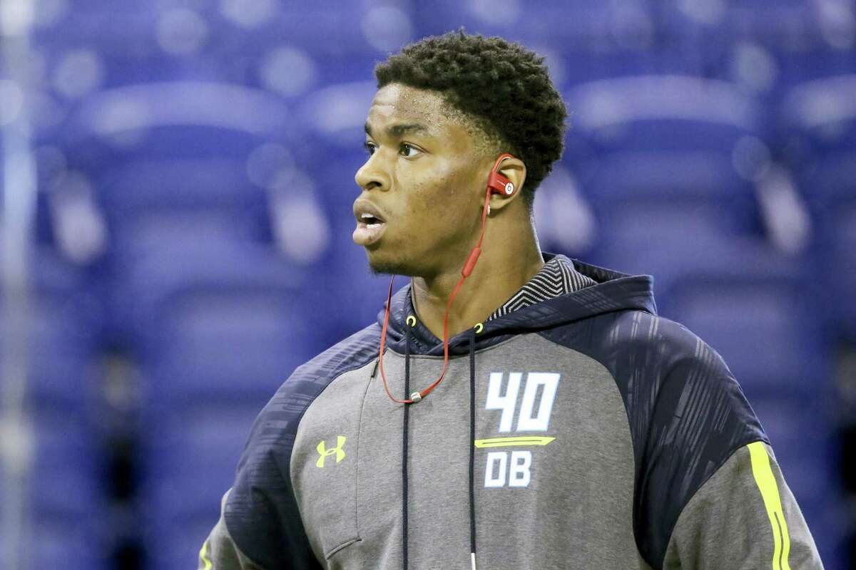 UConn safety Obi Melifonwu is seen before a drill at the 2017 NFL scouting combine Monday in Indianapolis.