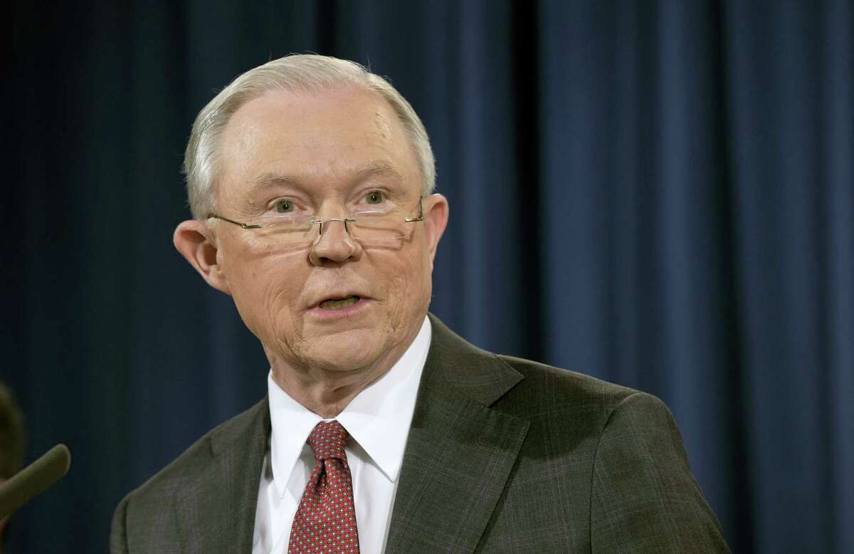 Attorney General Jeff Sessions speaks at the Justice Department in Washington, Thursday, March 2, 2017.