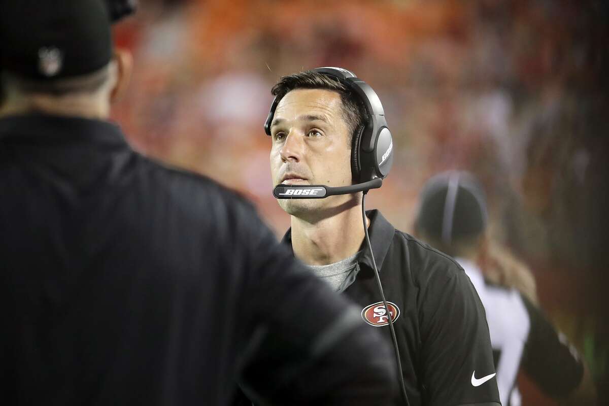 San Francisco 49ers head coach Kyle Shanahan looks at the score board during the first half of an NFL preseason football game against the Kansas City Chiefs in Kansas City, Mo., Friday, Aug. 11, 2017. (AP Photo/Charlie Riedel)