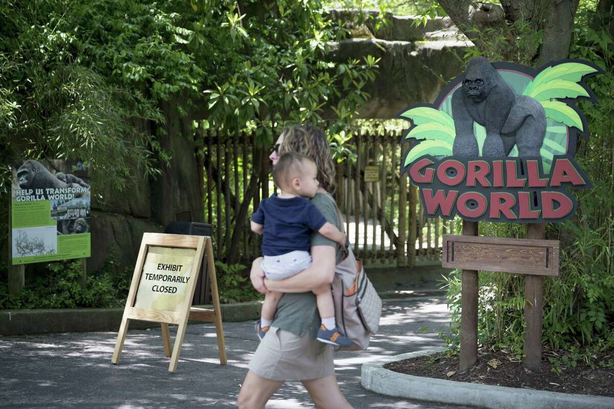 A visitor with a small child passes outside the shuttered Gorilla World exhibit at the Cincinnati Zoo & Botanical Garden, Sunday, May 29, 2016, in Cincinnati. On Saturday, a special zoo response team shot and killed Harambe, a 17-year-old gorilla, that grabbed and dragged a 4-year-old boy who fell into the gorilla exhibit moat. Authorities said the boy is expected to recover. He was taken to Cincinnati Children’s Hospital Medical Center.