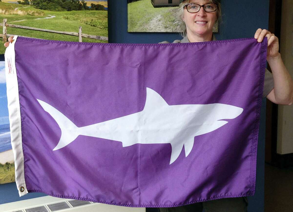 In this Wednesday, May 25, 2016, photo, Leslie Reynolds, chief ranger at the Cape Cod National Seashore, displays a shark-alert flag at the U.S. Parks Service’s Cape Cod headquarters in Wellfleet, Mass. The new flags will be used to warn beachgoers to avoid going in the water at areas where sharks have been sighted.