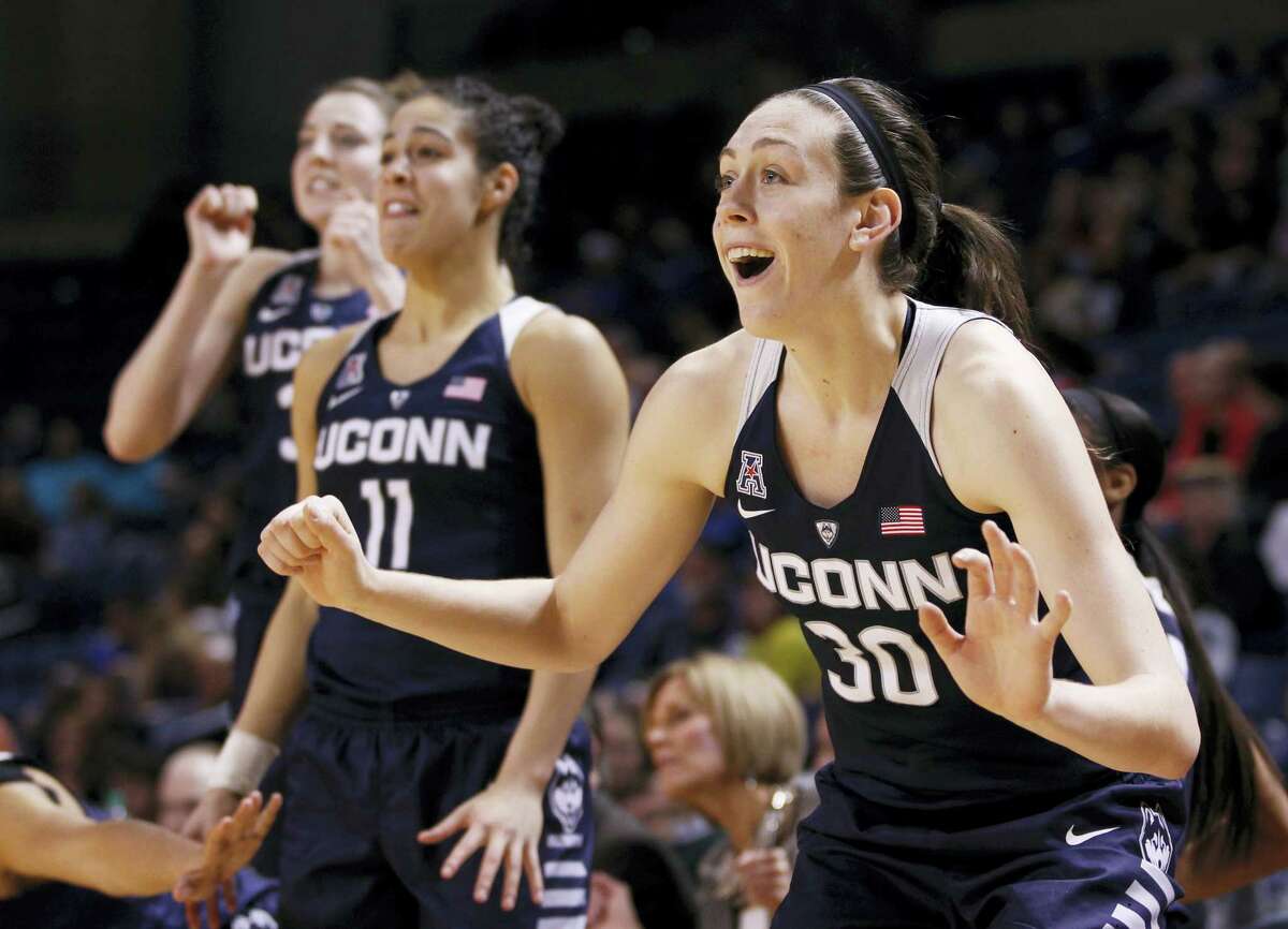 Connecticut's Breanna Stewart celebrates her team's play during the second half of an NCAA college basketball game against Tulsa in Tulsa, Okla., Wednesday, Jan. 27, 2016. Uconn won, 94-31. (AP Photo/Dave Crenshaw)