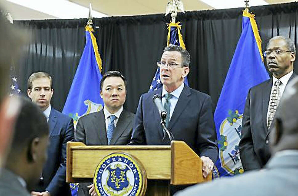 Gov. Dannel P. Malloy flanked by Hartford Mayor Luke Bronin, Rep. William Tong and Sen. Eric Coleman