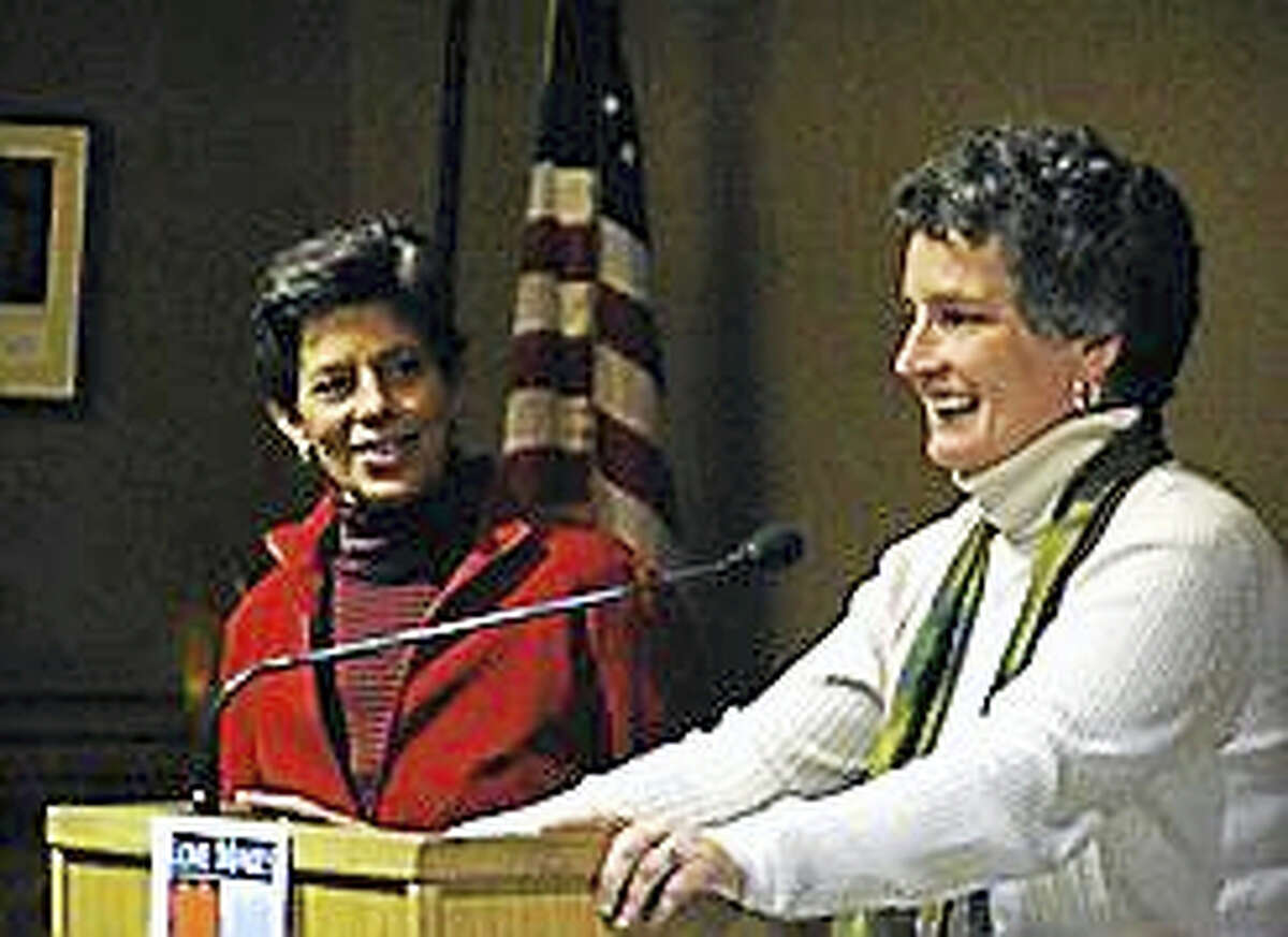 Sen. Beth Bye and her wife Tracey Wilson in 2009 celebrating the one year anniversary of the Supreme Court decision