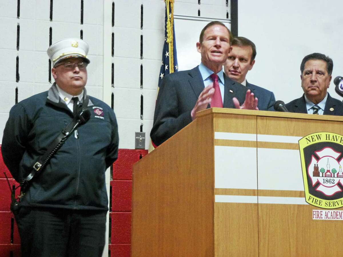 In this Register file photo, U.S. Sen. Richard Blumenthal, center, is joined by fellow U.S. Sen. Chris Murphy, center right, and uniformed firefighters to discuss an extension to the 9/11 compensation bill.