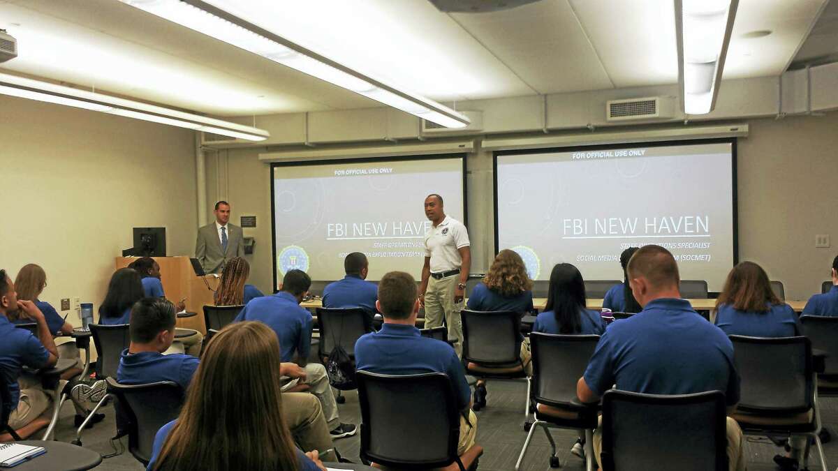 Charlie Grady, spokersperson for the FBI in New Haven, speaks to participants in the first-ever Future Law Enforcement Youth Academy, held at Yale University.