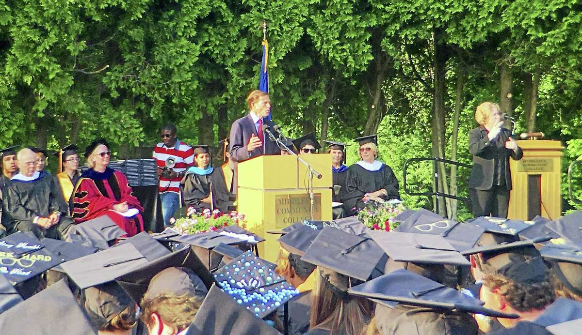 During Thursday night’s Middlesex Community College’s 49th annual commencement ceremony, U.S. Sen. Richard Blumenthal addresses the 470 graduates, and urges them to follow the American Dream.