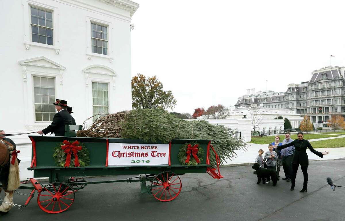 First lady Michelle Obama, right, with nephews Aaron, left, and Austin Robinson, and growers Mary and Dave Vander Velden, of Oconto, Wis., gestures as she receives the Official White House Christmas Tree at the White House in Washington, Friday, Nov. 25, 2016. The Balsam-Veitch fir is 19 feet tall and 12 feet wide.