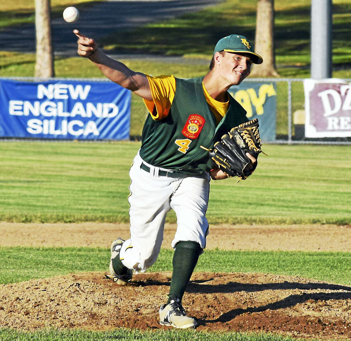 Derek Turner - Special to The Press RCP’s Tucker Lord fires a pitch during Post 105’s 6-2 victory over New London on Tuesday at Rotary Field in South Windsor.