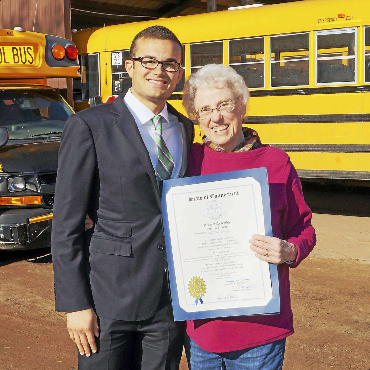Sen. Art Linares honored Haddam-Killingworth school bus and van driver Cathy Brutzman for her years of dedicated service to the community in February.