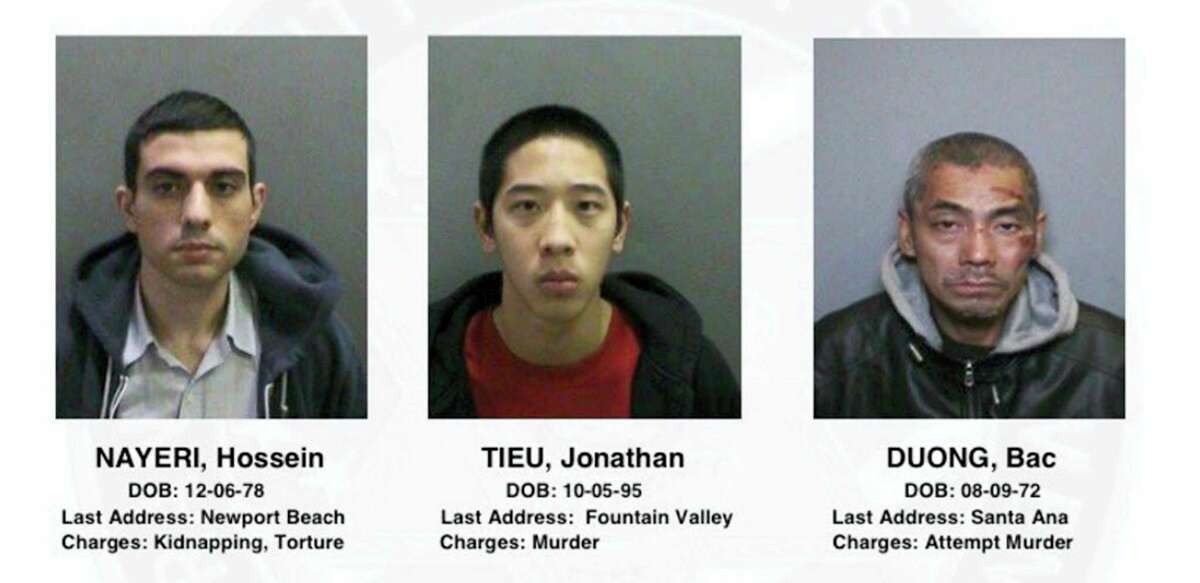 This image provided by the Orange County, Calif., Sheriff’s Department on Jan. 23, 2016 shows three jail inmates charged with violent crimes who escaped from the Central Men’s Jail in Santa Ana, Calif. The men from left are, 37-year-old Hossein Nayeri, charged with kidnapping and torture; 20-year-old Jonathan Tieu, who is charged with murder, and 43-year-old Bac Duong, charged with attempted murder.