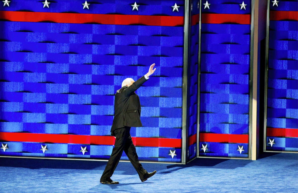 Former Democratic presidential candidate, Sen. Bernie Sanders, I-Vt., waves as he leaves the stage during the first day of the Democratic National Convention in Philadelphia, Monday, July 25, 2016.