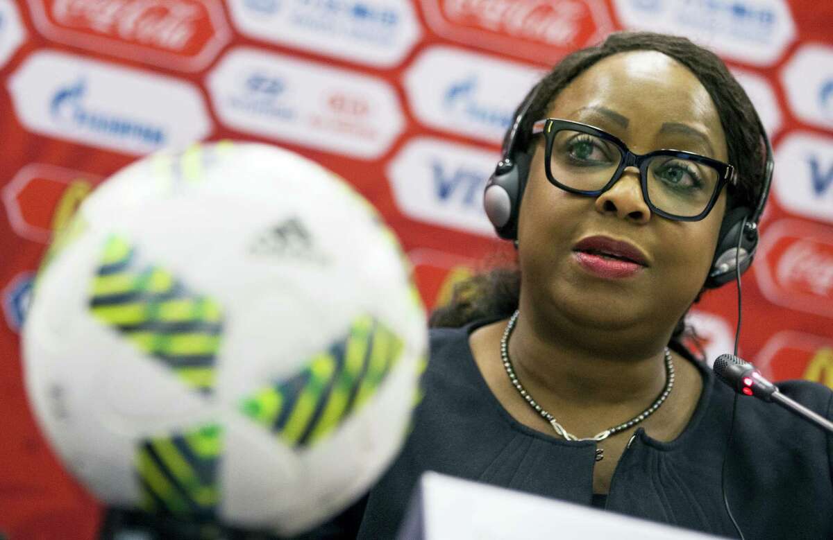 This July 5, 2016 photo shows FIFA Secretary General Fatma Samoura as she speaks during a news conference in Moscow, Russia. Samoura insisted on Sept. 26, 2016 that the fight against racism is being taken “very seriously” despite the governing body’s task force overseeing discrimination being abolished.