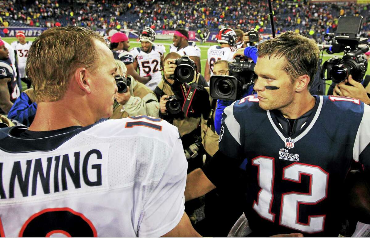 Broncos quarterback Peyton Manning, left, and Patriots quarterback Tom Brady, right, will square off for the 17th time on Sunday.