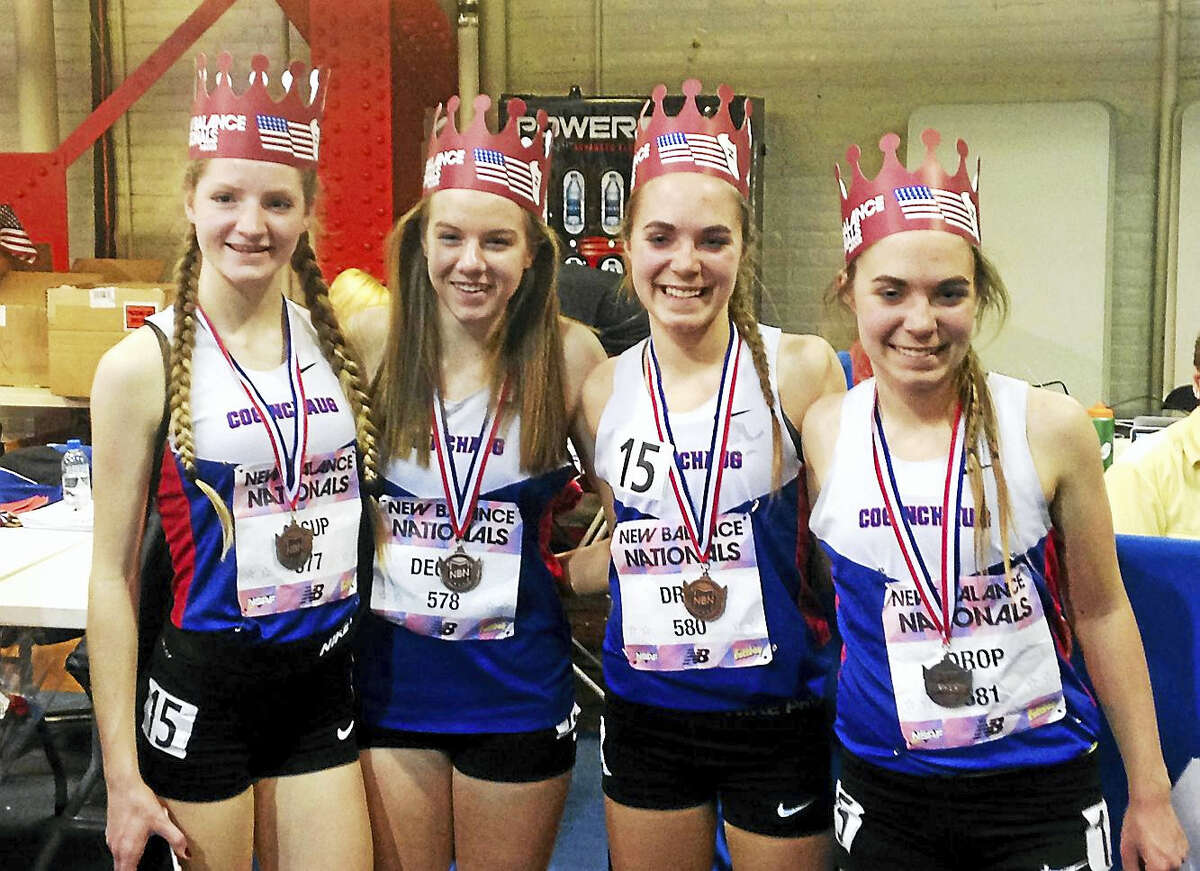 Coginchaug’s Distance Medley team, from left, Allie Alsup, Megan Decker, Jessica Drop, and Samantha Drop, earned All-American status at the New Balance Indoor Track and Field National Championship meet.