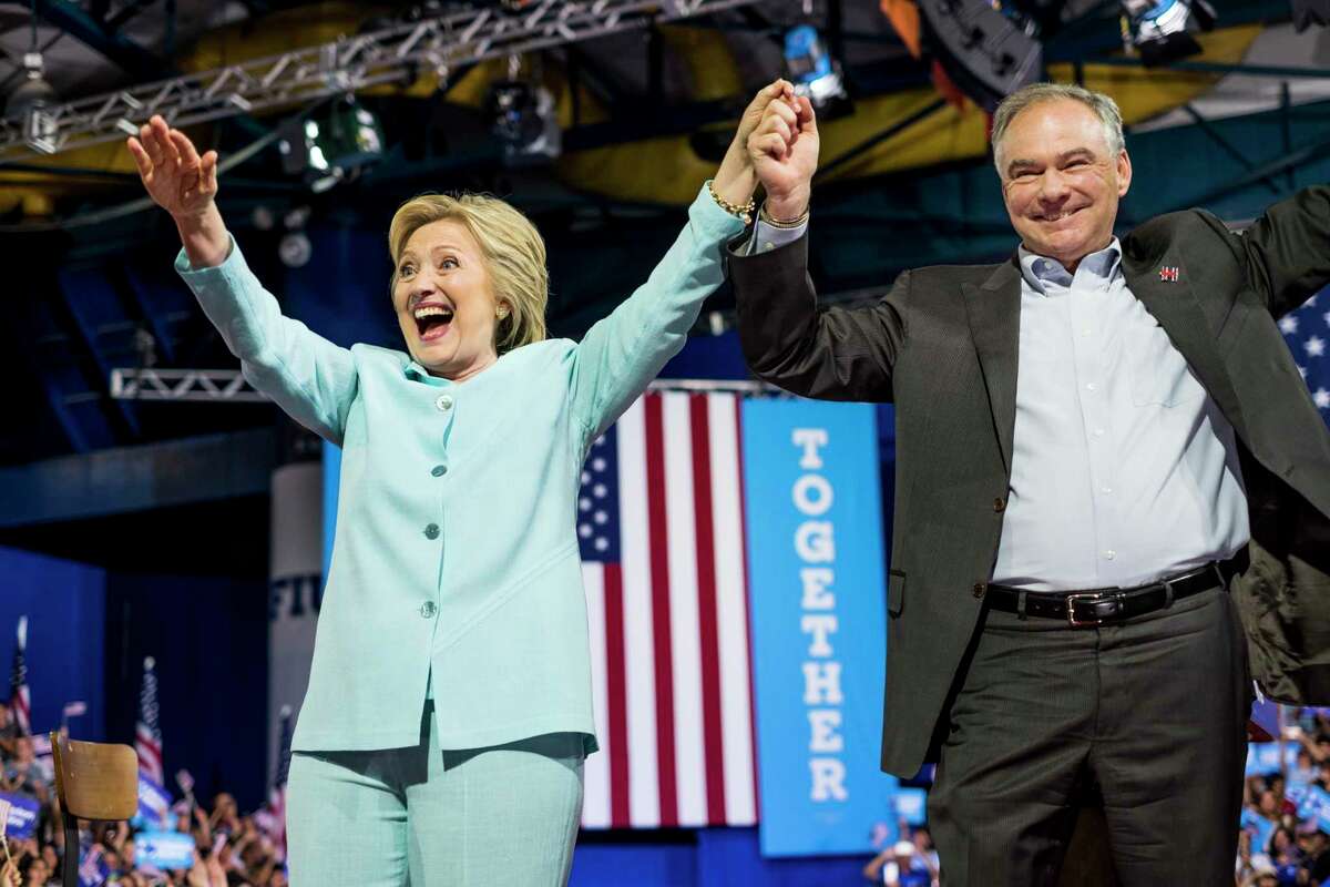 Hillary Clinton, left, and her vice presidential choice Sen. Tim Kaine during a rally in Miami on Saturday.