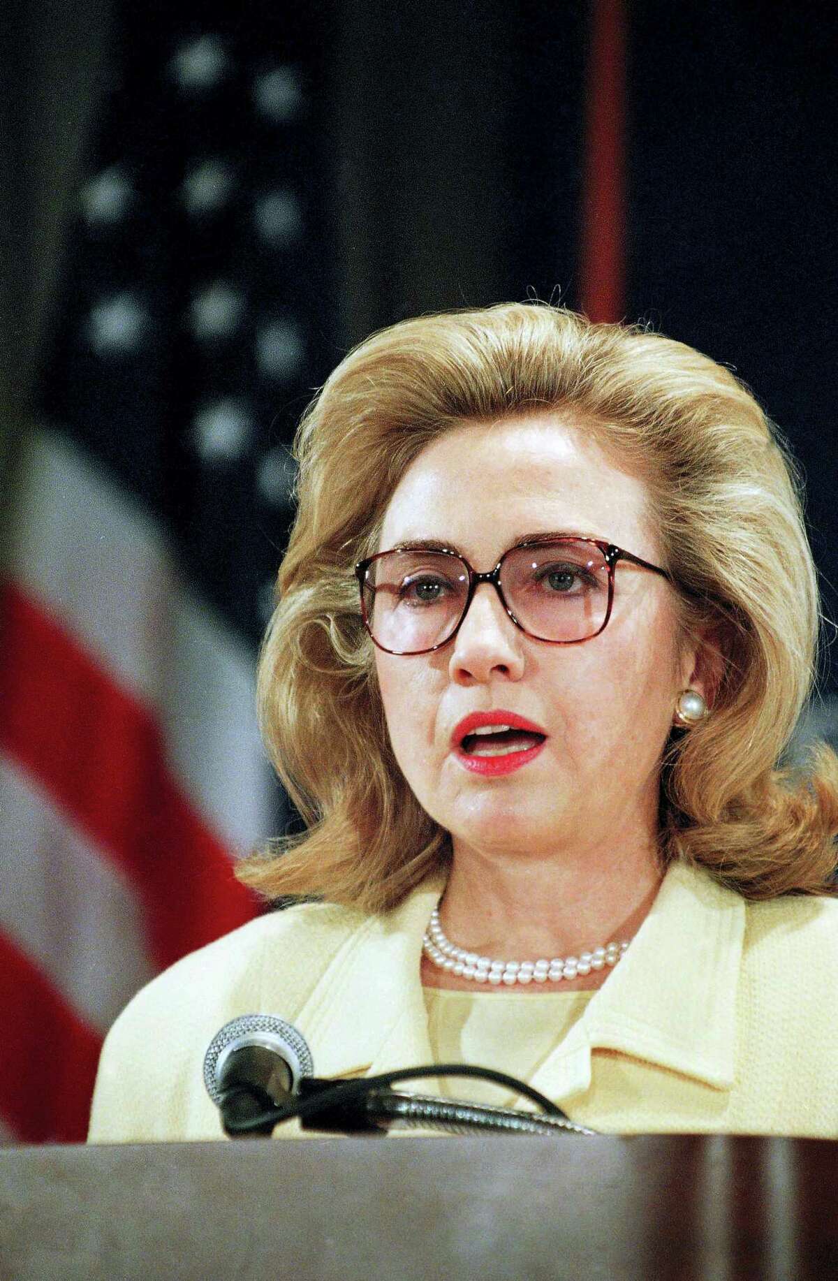 In this Aug. 14, 1995 photo, first lady Hillary Clinton addresses the Presidential Advisory Committee on Gulf War Veterans’ Illnesses in Washington. The committee was set up to provide recommendations on government activities relating to Gulf War veterans’ illnesses.