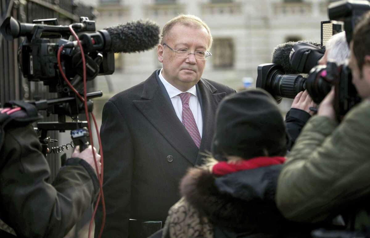 Ambassador of the Russian Federation Alexander Yakovenko speaks to the media after being summoned to the Foreign Office in London on Jan. 21, 2016. The Russian ambassador has been summoned following the findings of Litvinenko inquiry on Thursday.