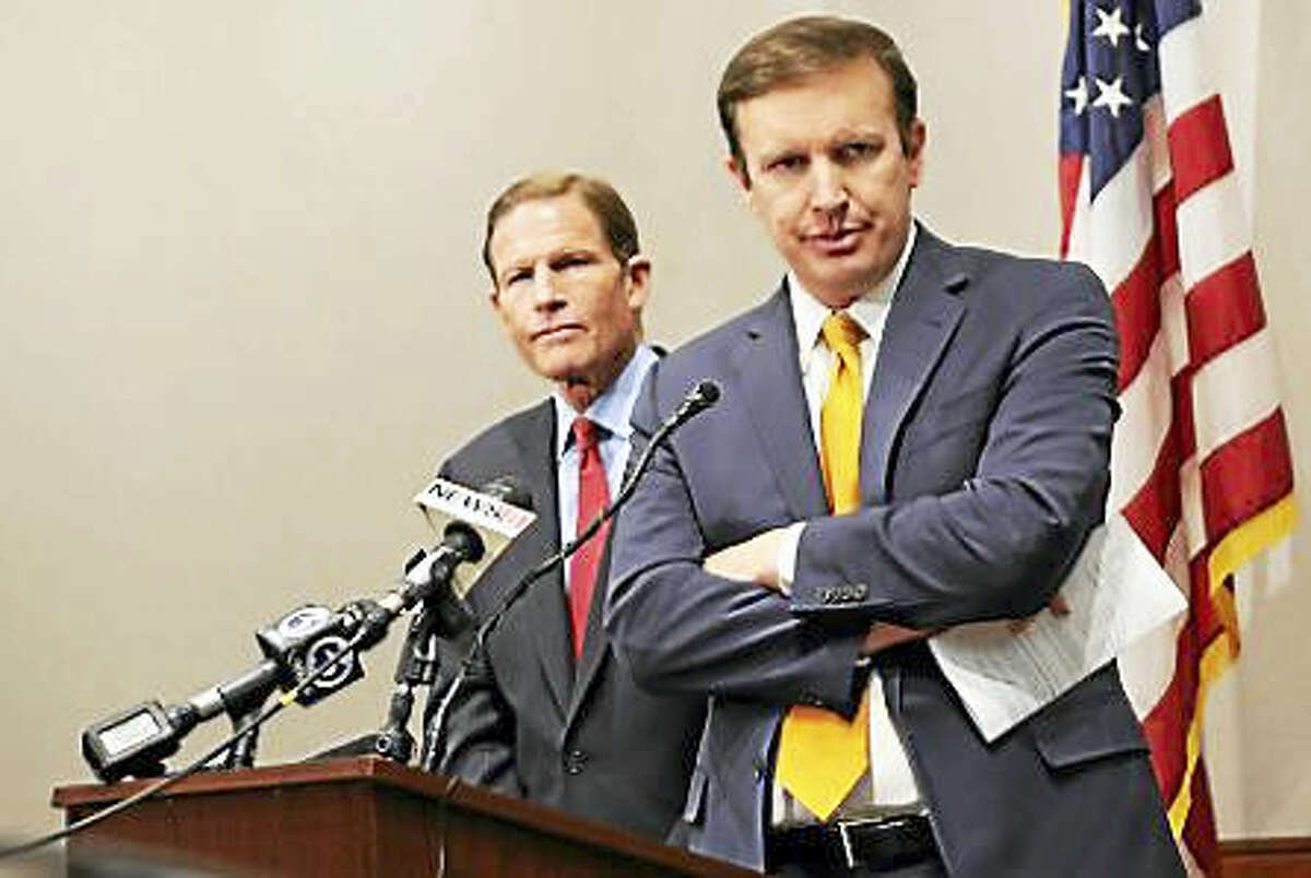 (Christine Stuart - CT News Junkie) U.S. Sen. Chris Murphy, front, and Richard Blumenthal