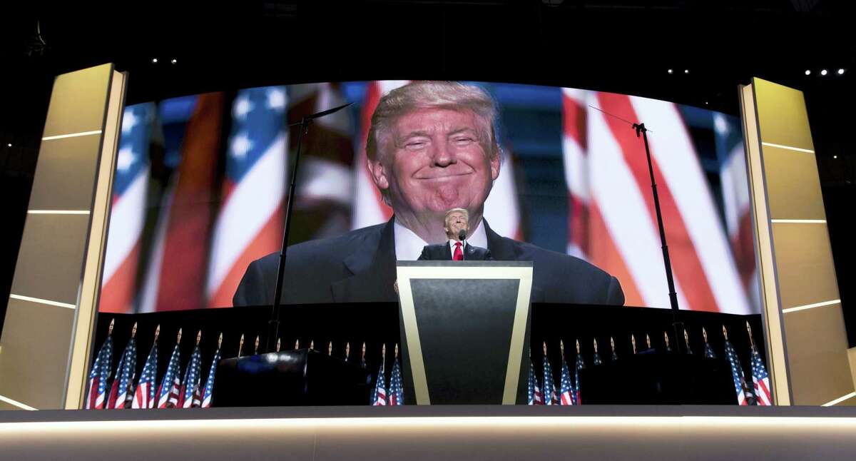 Republican presidential candidate Donald Trump pauses as he speaks during the final day of the Republican National Convention in Cleveland Thursday.