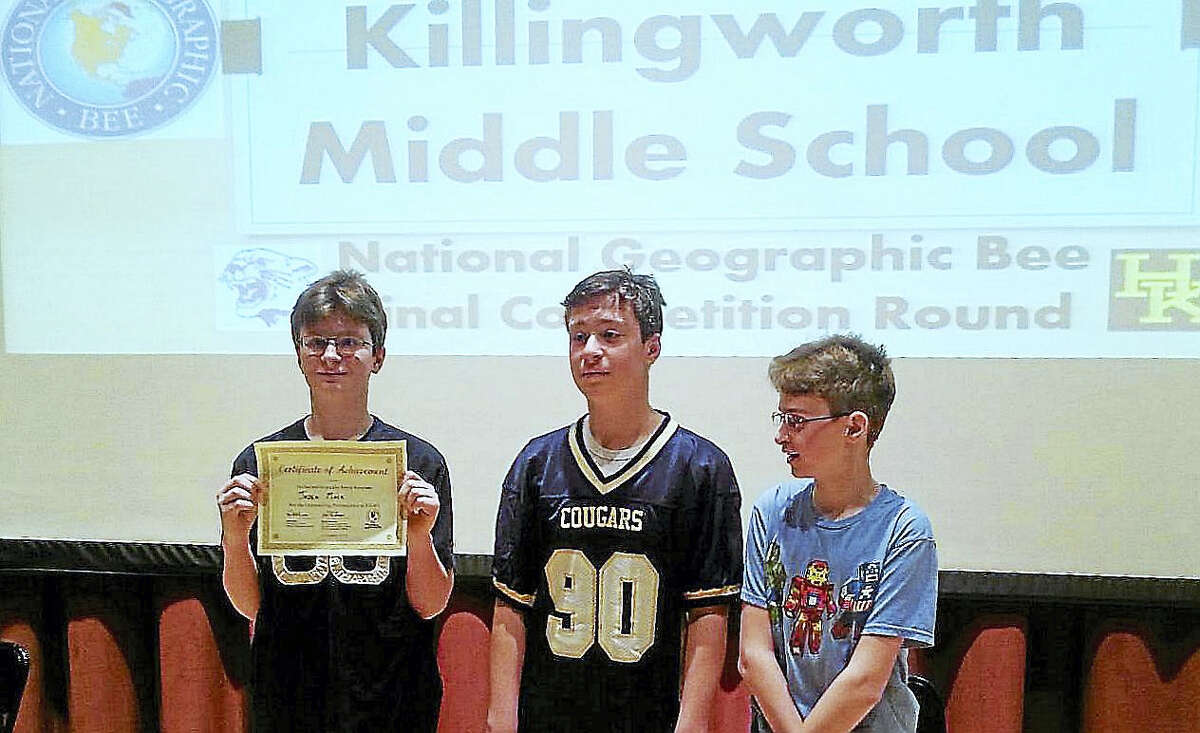 On Friday, Jaden, Colin and Riley Mack placed first, second and third among eight finalists in the Haddam-Killingworth Middle School Geography Bee sponsored by National Geographic.