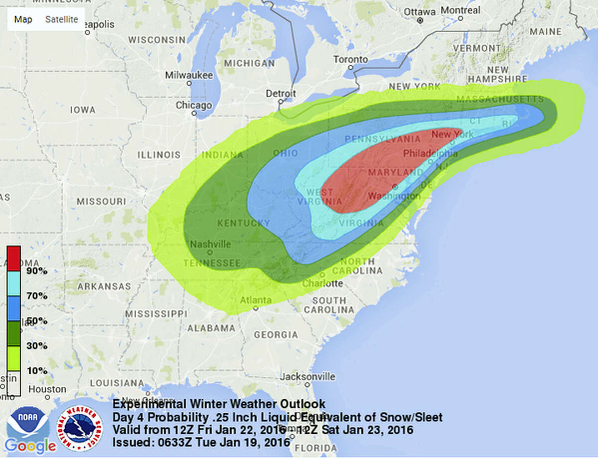 This image provided by National Oceanic and Atmospheric Administration’s (NOAA) National Weather Service Weather Prediction Center shows an early computer model forecasting the chances of a windy, strong sleet-snow storm hitting the East Coast this weekend, Jan. 22-23, 2016. Meteorologists say tens of millions of Americans from Washington to Boston and the Ohio Valley could be walloped by an end-of-the-week snowstorm.