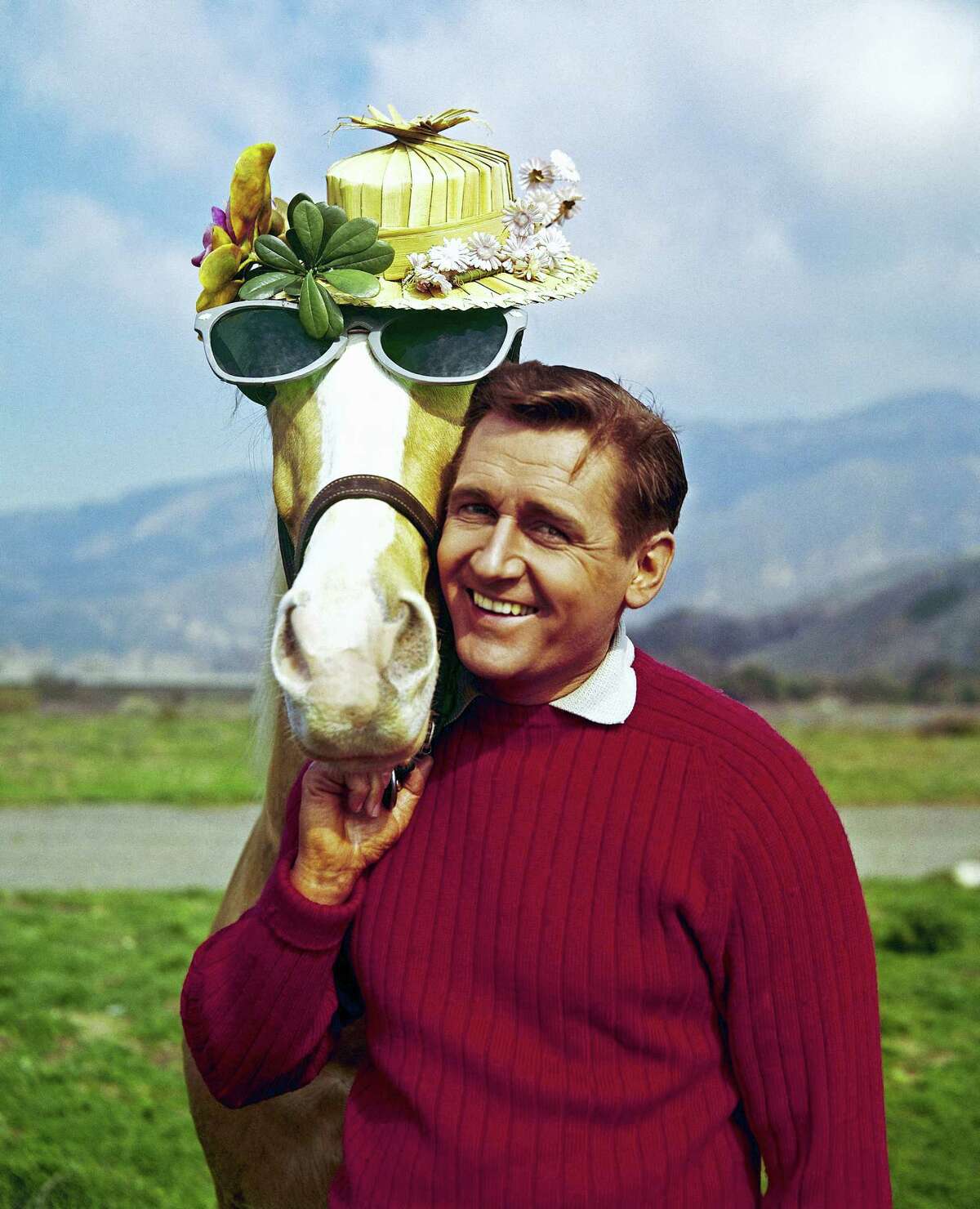 In this March 22, 1962 file photo, Mister Ed, equine star of the television series of the same name, poses with his TV co-star Alan Young on a beach in Malibu, Calif. Young, who played straight man to the talking horse in the 1960s sitcom, has died. Jaime Larkin, a spokeswoman for the Motion Picture and Television Home in Los Angeles, says that Young died Thursday, May 19, 2016. He was 96.