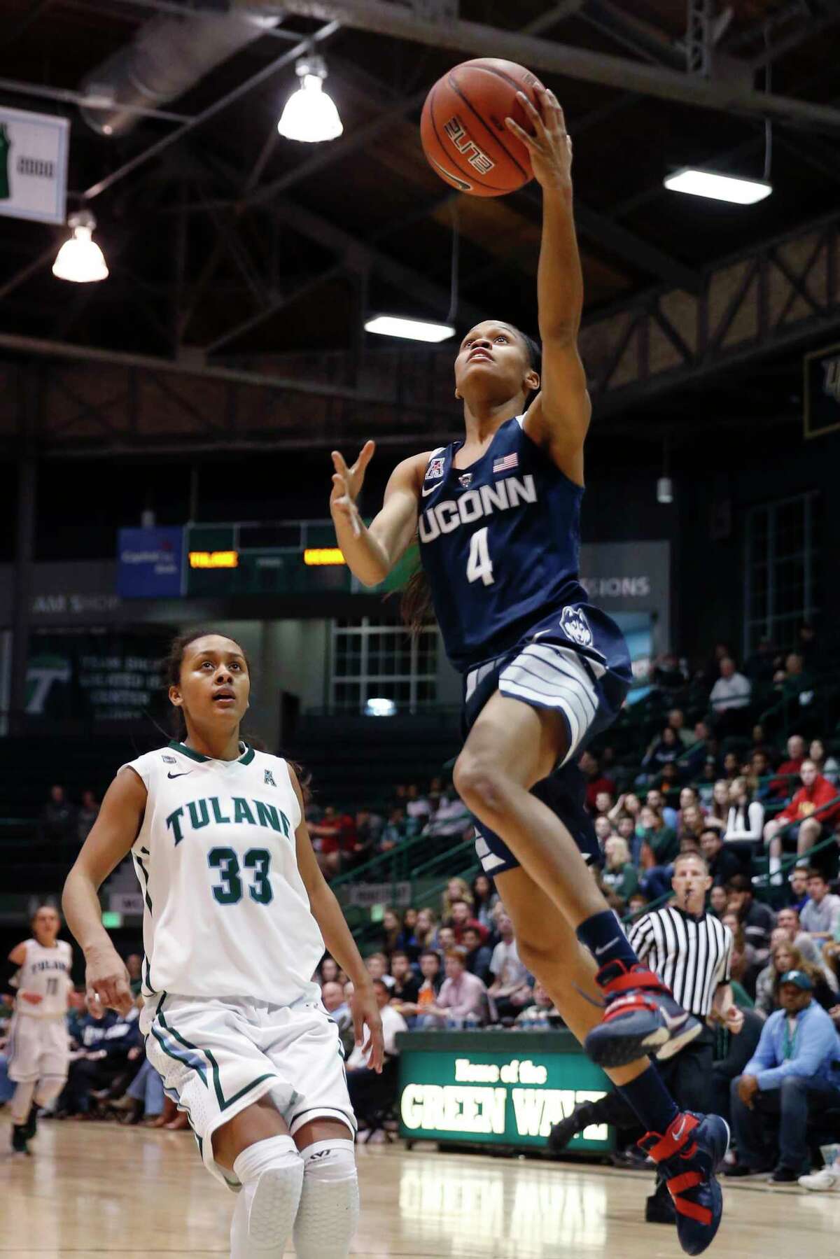 Jessica Hill — The Associated Press UConn’s Moriah Jefferson goes in for a layup earlier this year against Tulane.